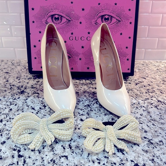 BRAND NEW RARE White Never Worn Gucci Elasia Heels with Removable Pearl Bows - Picture 2 of 13